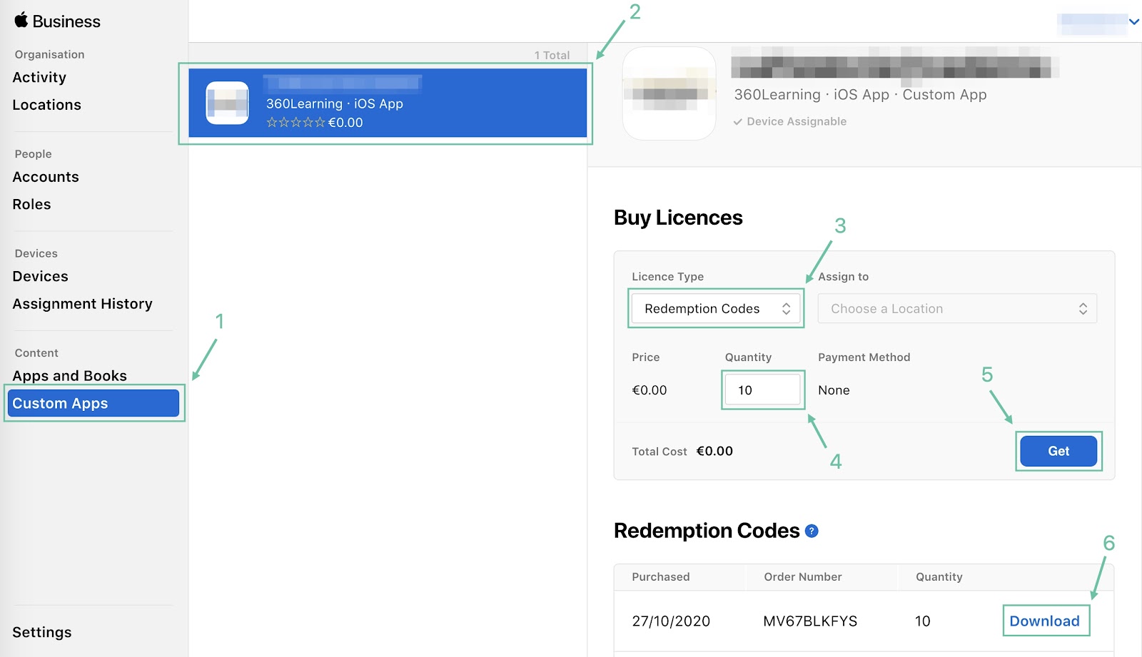 Selecting custom app and buying licenses in Apple Business Account