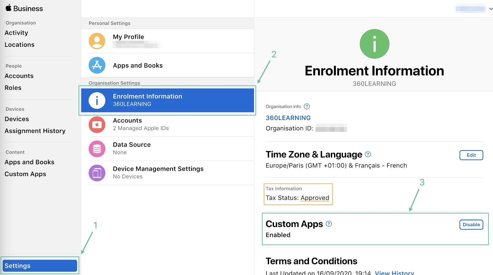 Custom apps feature settings in Apple Business Account