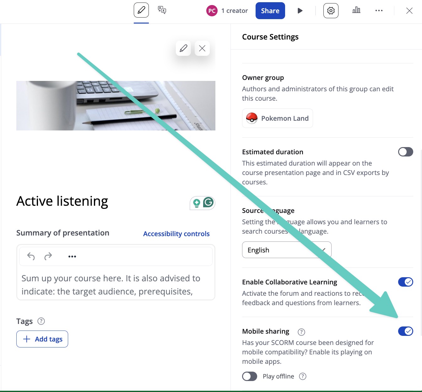 Mobile sharing toggle